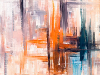Modern abstract painting on canvas, with accents of orange and sand color paint, hand-drawn artwork
