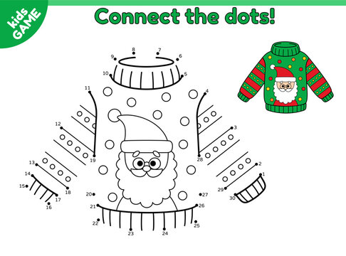 Dot to dot kids game. Christmas ugly sweater with Santa Claus. Connect the dots by numbers and draw a cartoon holiday New Year jumper. Educational puzzle for children. Vector outline illustration.