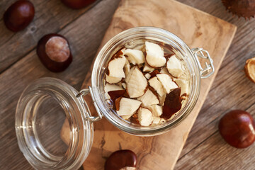 Chopped horse chestnuts macerating in alcohol - preparation of herbal tincture