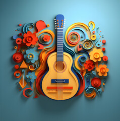 Guitar background created from colorful paper art. Expressing the beauty of music