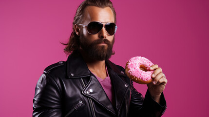 Man with a beard in sunglasses and leather jacket holds a donut on a pink background