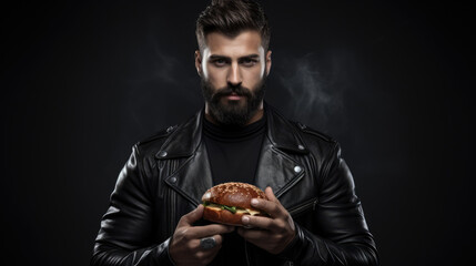 Young attractive man with a beard in a leather jacket holding a burger. Fast food restaurant delivery concept design - obrazy, fototapety, plakaty