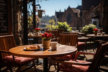 Fototapeta na wymiar Coffee shop's outdoor seating area on a sunny day, Generative AI