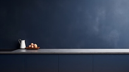 Mockup dark blue wall in kitchen and minimalist interior design.