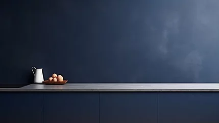 Foto op Plexiglas Mockup dark blue wall in kitchen and minimalist interior design. © Designcy Studio