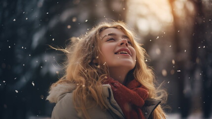 Young girl rejoices at first snow, catches snowflakes with her mouth. First day of winter, portrait of girl on background of falling snow
