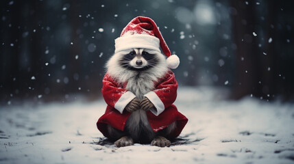 Christmas banner with cute raccoon in santa claus hat on festive background. New year postcard. Generative AI