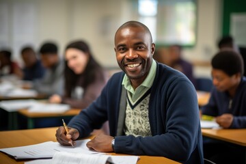 African Man Writing Down Notes in Notebook And Smiling. Group of International