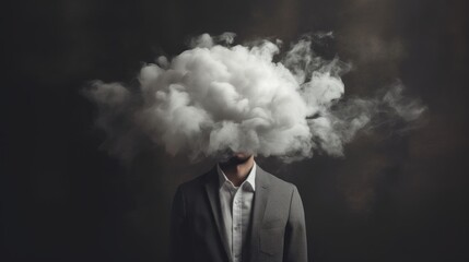 Man head in clouds, depression and fatigue at work. Man with cloud over his head depicting solitude and depression - obrazy, fototapety, plakaty