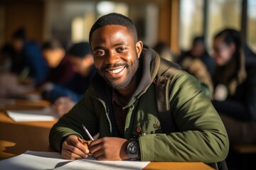 Obraz premium African Man Writing Down Notes in Notebook And Smiling. Group of International