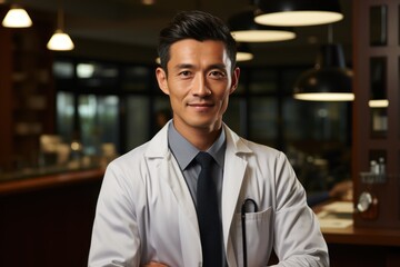 Fototapeta premium Asian doctor on hospital background