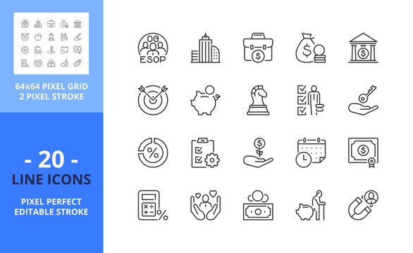 Line Icons About ESOP Employee Stock Ownership Plan. Pixel Perfect 64x64 And Editable Stroke