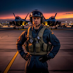young proud pilot stands in front of his F 35 fighter plane, AI generated - obrazy, fototapety, plakaty