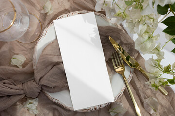 4x9 menu card mockup on plate with golden cutlery 