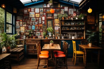 Coffee shop's wall adorned with local art and photography, Generative AI 