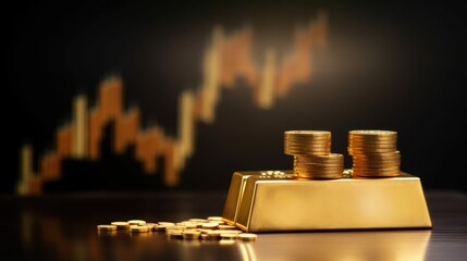 Gold bar resting investment on a stocks graph representing - obrazy, fototapety, plakaty