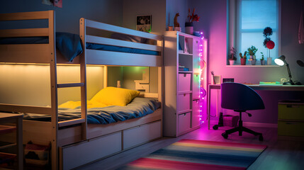 Modern minimal bedroom with a bunk bed and RGB lights