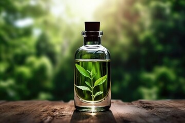 Glass cosmetic bottle in summer forest with leaves background