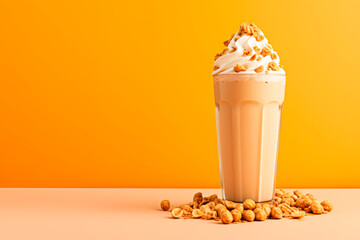Peanut Butter Milkshake on a Pastel Background with Copy Space - A Sweet and Nutty Culinary Creation for Your Dessert Enjoyment