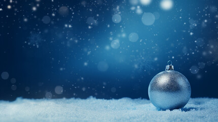 Christmas decorations on isolated blue background. Postcard with copy space. Generative AI