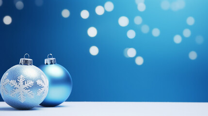 Naklejka na ściany i meble Christmas decorations on isolated blue background. Postcard with copy space. Generative AI