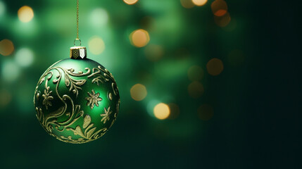 Fototapeta premium Christmas decorations on isolated green background. Postcard with copy space. Generative AI