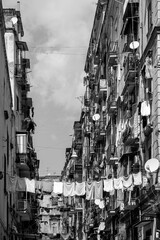 Facade in a narrow street in old town “Centro storico“ of historic italian metropole Naples....