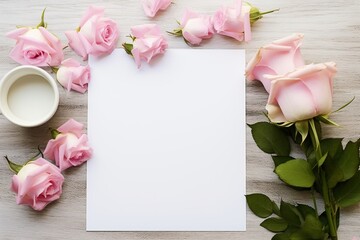 Blank white card stock on table with white and pink roses next to it, overhead view