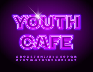 Vector trendy emblem Youth Cafe. Purple Glowing Font. Neon violet Alphabet Letters and Numbers set