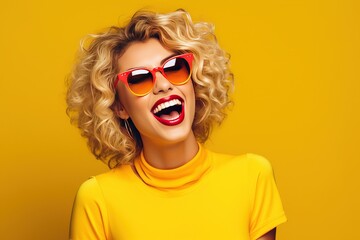 Blond young happy woman laughing wearing 80s fashion in Stylish woman posing as supermodel on yellow background - obrazy, fototapety, plakaty