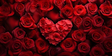 Generative AI background in the style of Valentines Day petals of red roses in the shape of a hear
