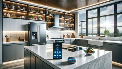 A sleek, futuristic smart home device sits atop a pristine kitchen island, surrounded by indoor cabinetry and illuminated by natural light pouring wall windows, modern design and convenience - obrazy, fototapety, plakaty