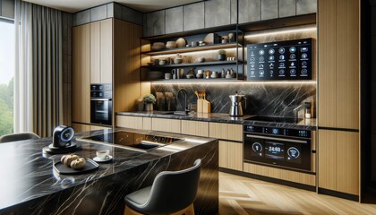 In this futuristic indoor kitchen, sleek black cabinetry and a matching countertop stand out against the modern furniture, with cabinets and cupboards seamlessly blending into the wall