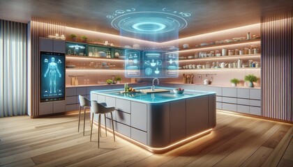 Step into a modern marvel of culinary innovation as the holographic kitchen enchants with its sleek cabinetry, glowing countertops, and ethereal ceiling, inviting you to indulge in a feast for senses - obrazy, fototapety, plakaty