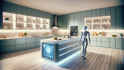 A sleek futuristic robot stands in a designer kitchen, preparing a delicious meal with ease as light filters in through the large window, highlighting the immaculate cabinetry and glossy flooring - obrazy, fototapety, plakaty