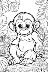 Fototapeta na wymiar Coloring book for a child - little happy orangutan. Black and white drawing. Animal world.