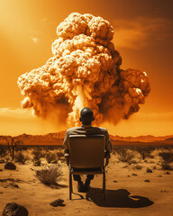 black man sitting in chair in desert staring to nuclear explosion, generative ai  - obrazy, fototapety, plakaty