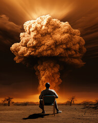 black man sitting in chair in desert staring to nuclear explosion, generative ai  - obrazy, fototapety, plakaty