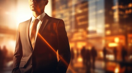 Businessman in a suit on blurred background. Business concept banner with free place for text