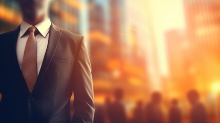 Businessman in a suit on blurred background. Business concept banner with free place for text