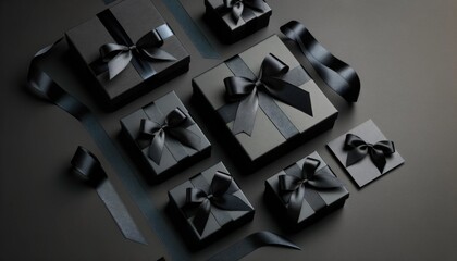 Black Gift Boxes with Ribbon, Flat Lay View