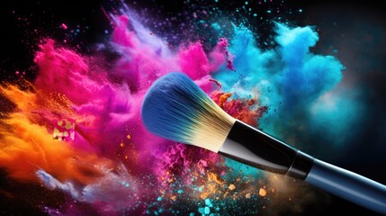 Makeup brush in a colorful powder explosion. Beauty and cosmetics concept background with free place for text - obrazy, fototapety, plakaty