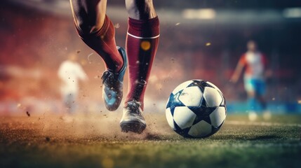 Soccer player kicking the ball on a soccer grass field in front of a blurred stadium. Sport concept background