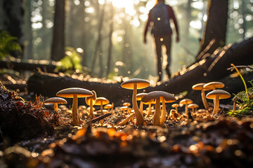 Mann geht spazieren im Wald, im Vordergrund Pilze von der Sonne beleuchtet - obrazy, fototapety, plakaty