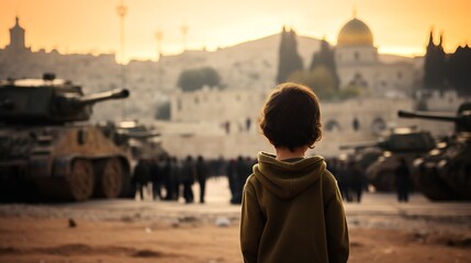 A child stands in front of a military tank during the war, with Mosque in the background, Generative AI