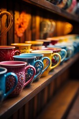 Coffee shop's colorful coffee cup collection on display, Generative AI