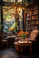 Fototapeta na wymiar Coffee shop's cozy corner with bookshelves and soft lighting, Generative AI 