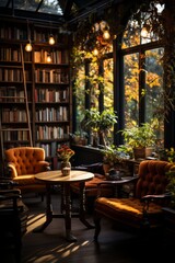 Naklejka premium Coffee shop's cozy corner with bookshelves and soft lighting, Generative AI 