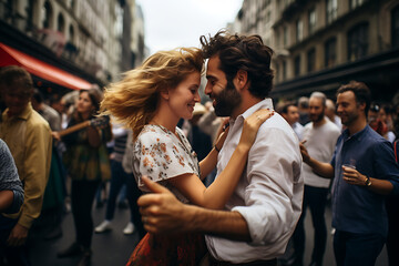 Obraz premium Couple having a good time arms in arms in the middle of a crowded street in the city, motion blurred background