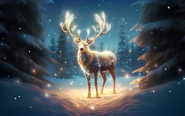 A fabulous reindeer in a magical winter forest.